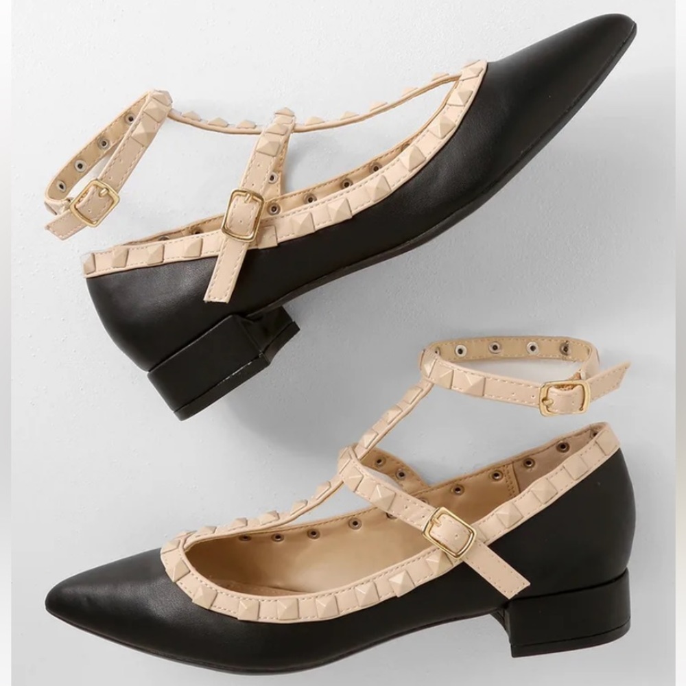 Lulu’s Audra Black Strappy Studded Low Pointed Toe Heels 6